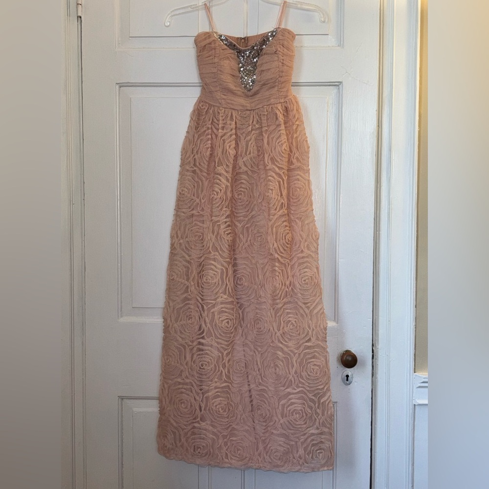 Trixxi Pink Rosette Tulle Strapless Beaded Prom Dress, size 1